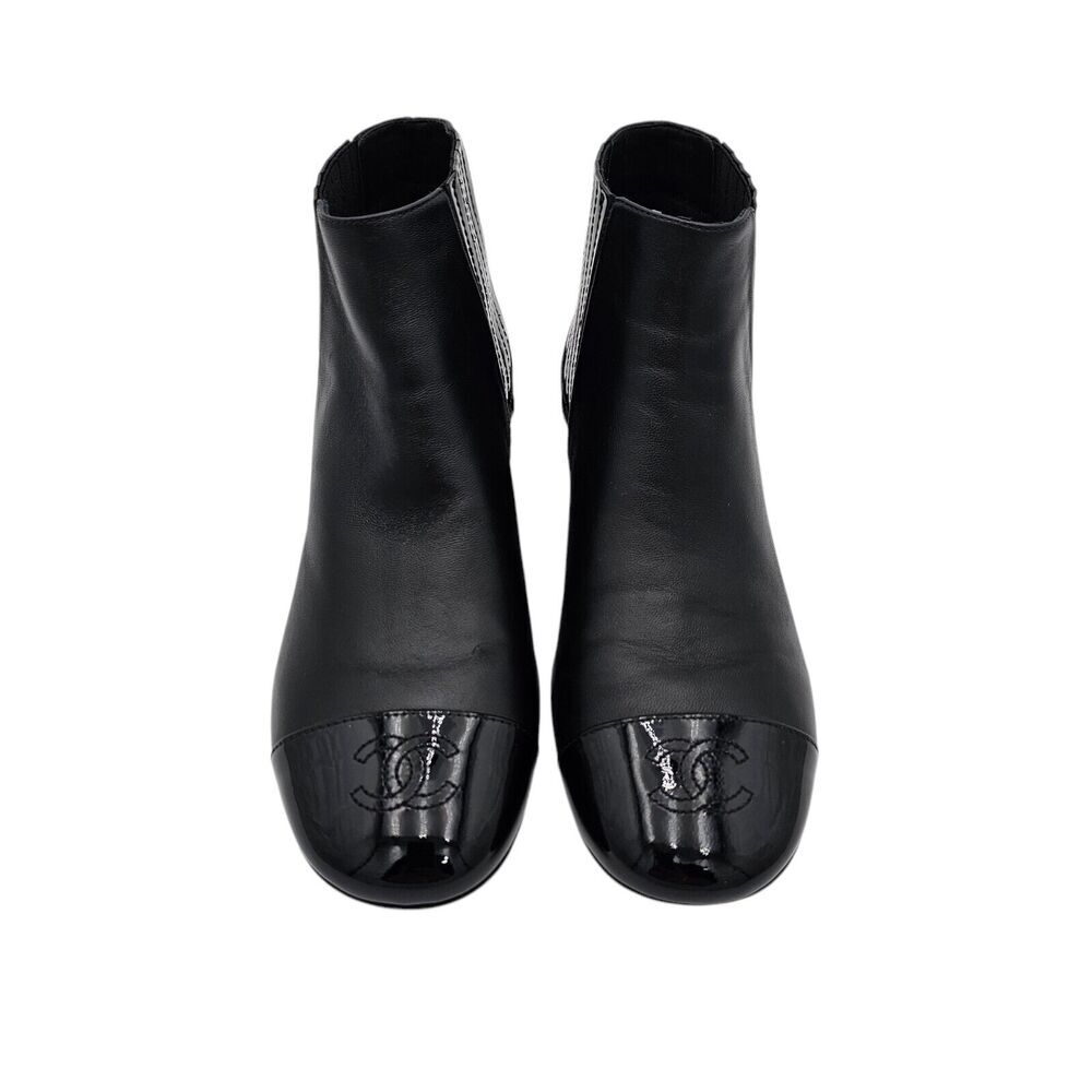 Chanel CC Cap Toe Size 36.5 US 5.5 6 Calfskin Black Leather Ankle Slip On Boots - Picture 3 of 10
